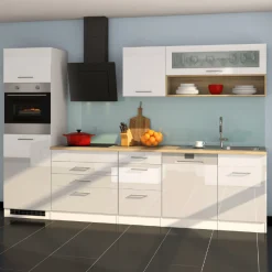 Held Küchenzeile Ragnar 300cm mit Geschirrspüler, Backofen und Kühlschrank - hochglänzend weiß