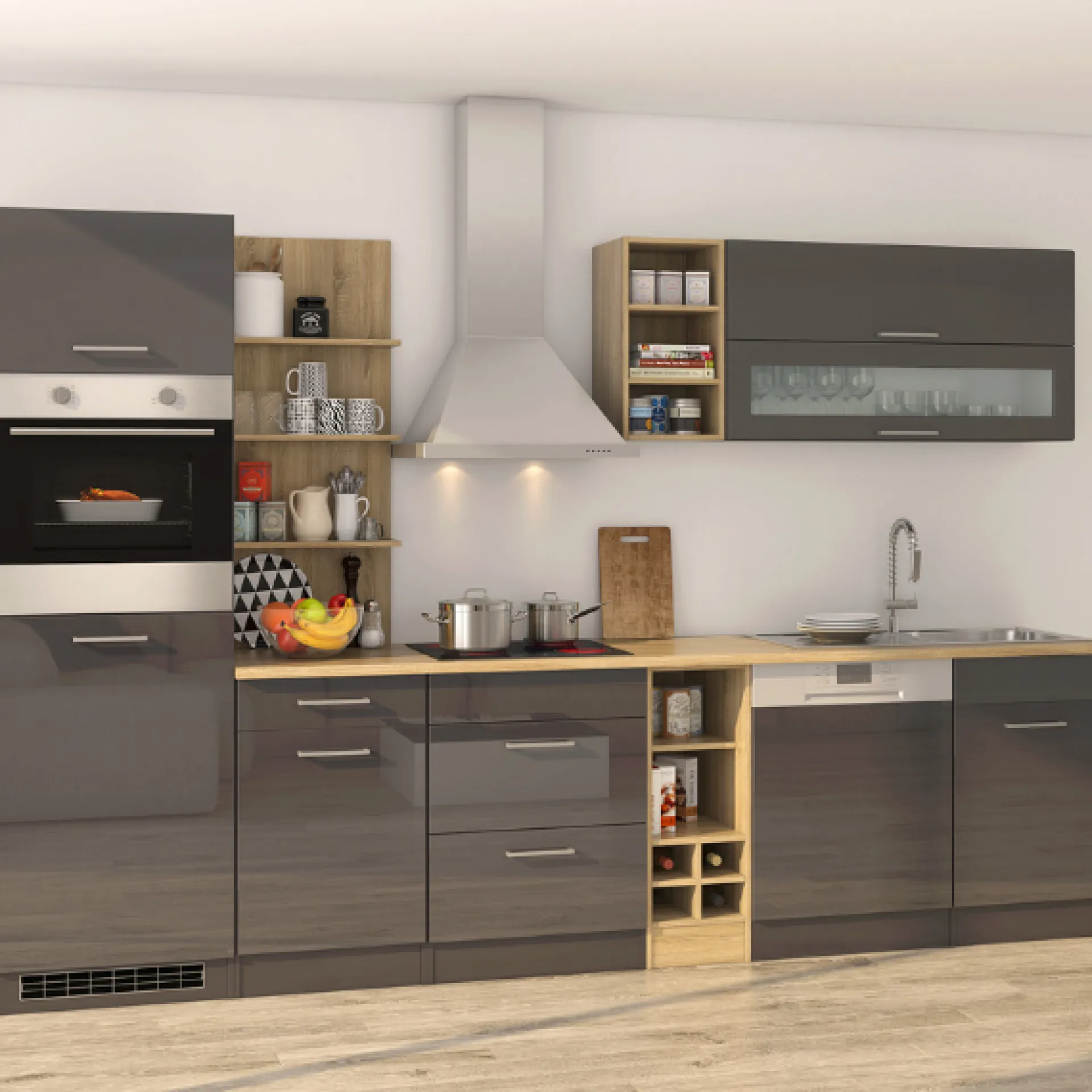 Held Küchenzeile Ragnar 310cm mit Geschirrspüler, Backofen und Kühlschrank - Hochglanz