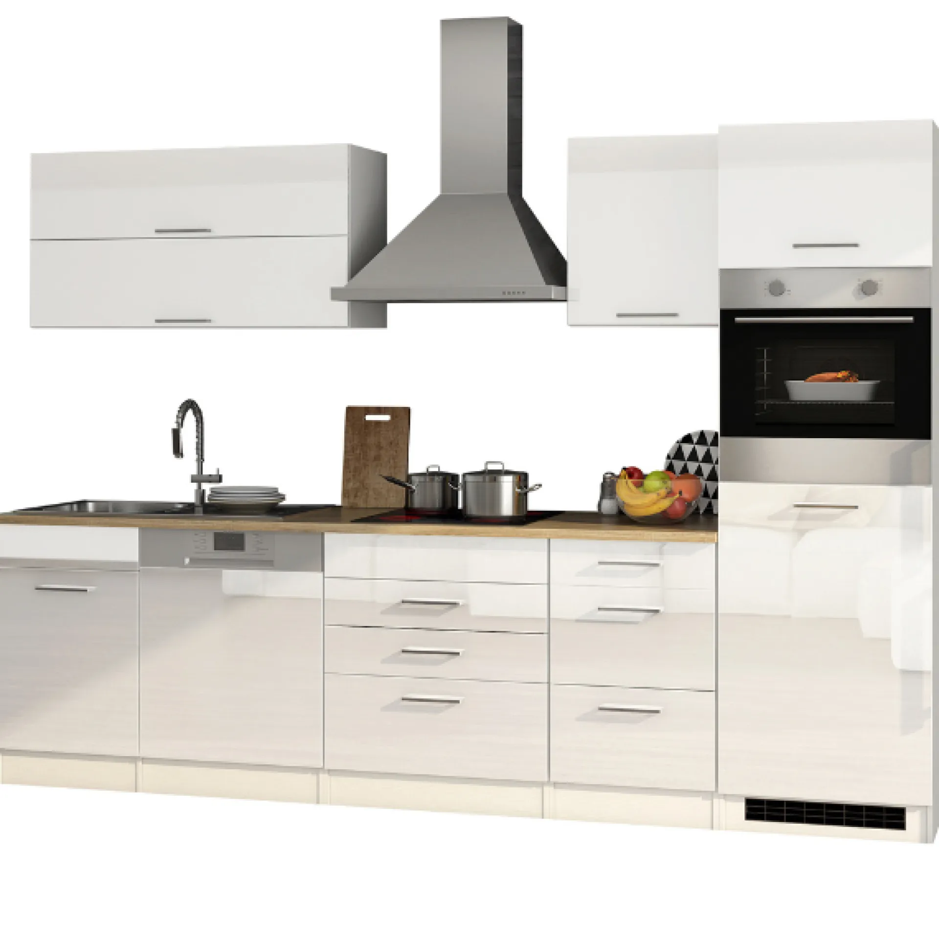 Held Küchenzeile Ragnar 300cm mit Geschirrspüler und Backofen - Hochglanz weiß