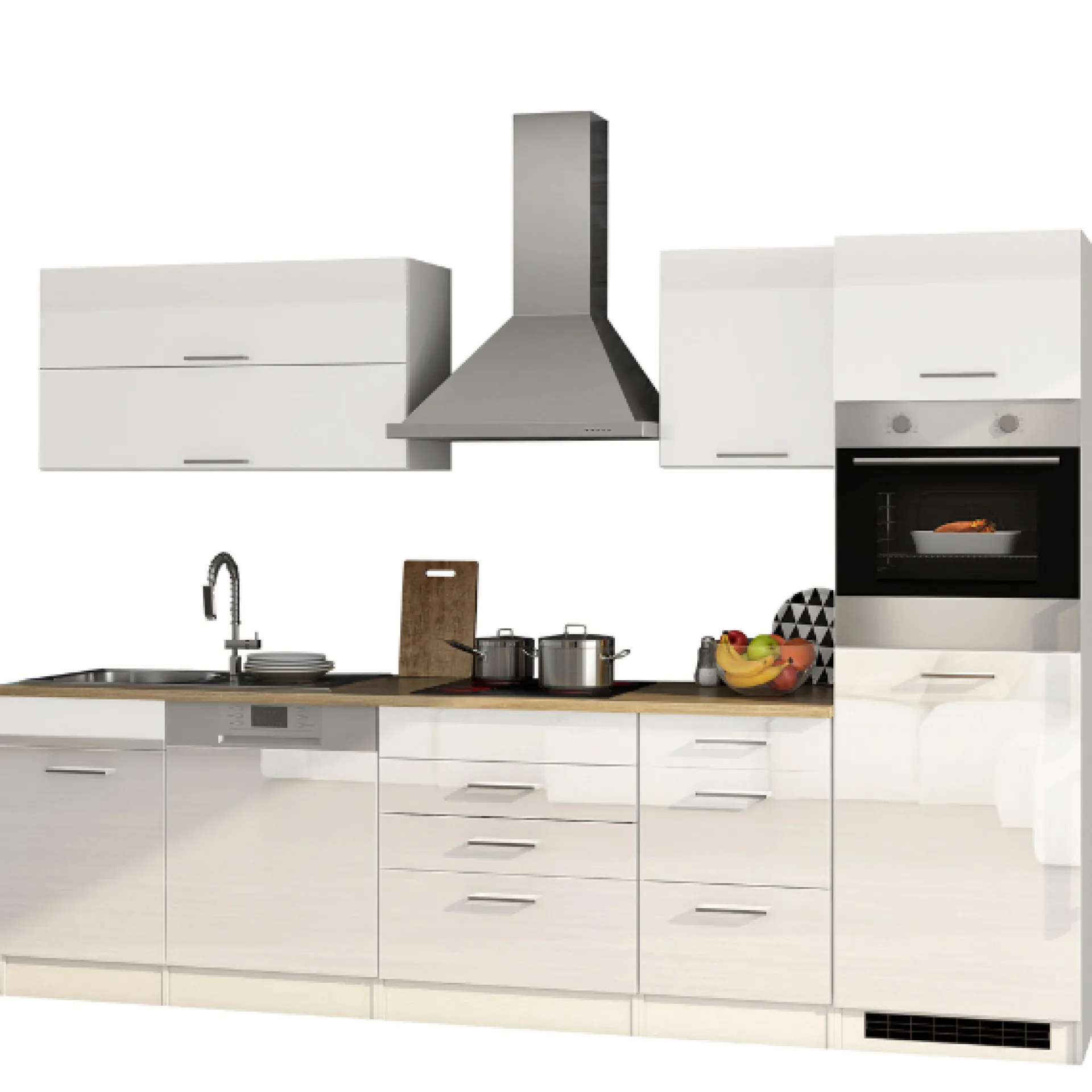 Held Küchenzeile Ragnar 300cm mit Geschirrspüler, Kühlschrank und Backofen - hochglänzend weiß