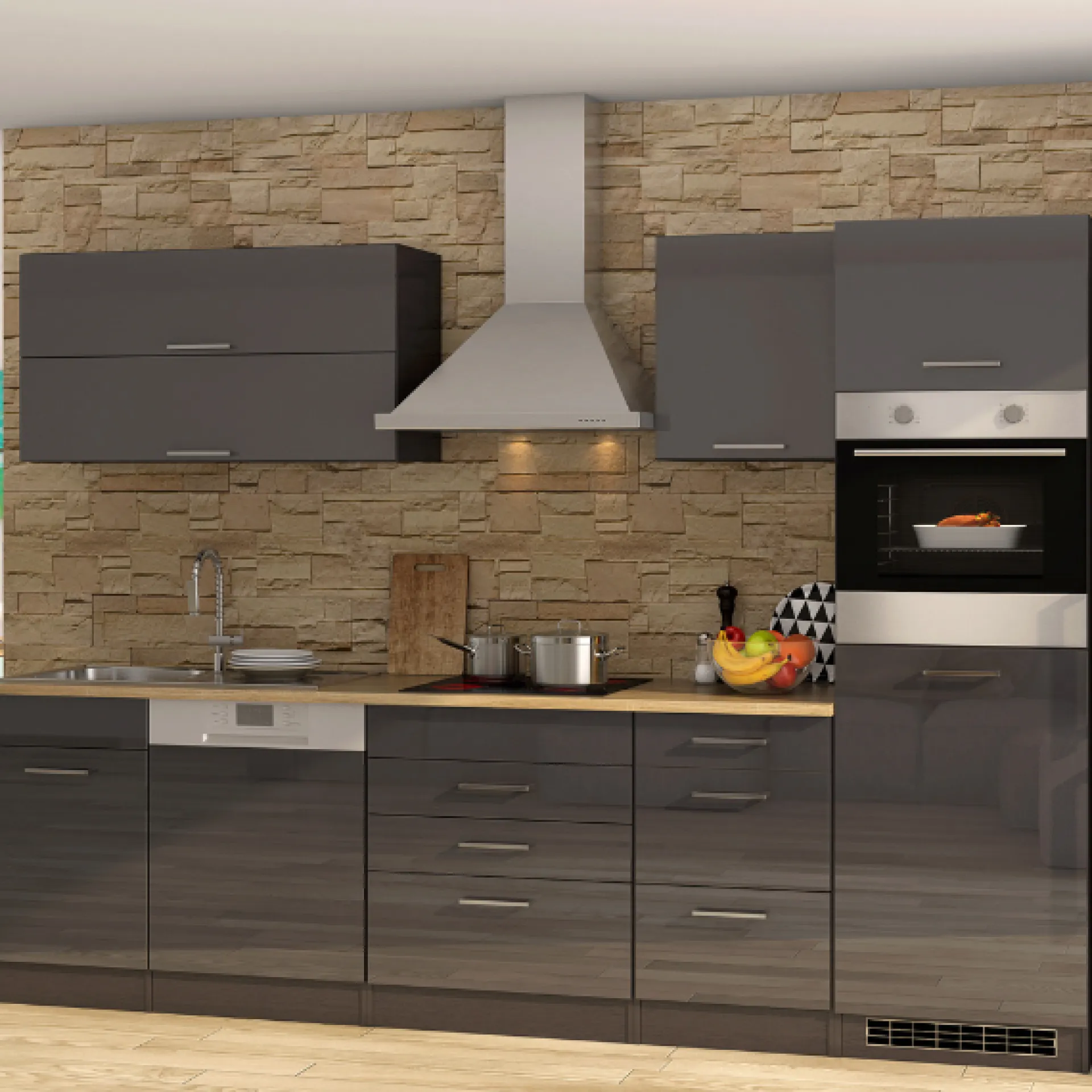 Held Küchenzeile Ragnar 300cm mit Geschirrspüler, Kühlschrank und Backofen - Hochglanz