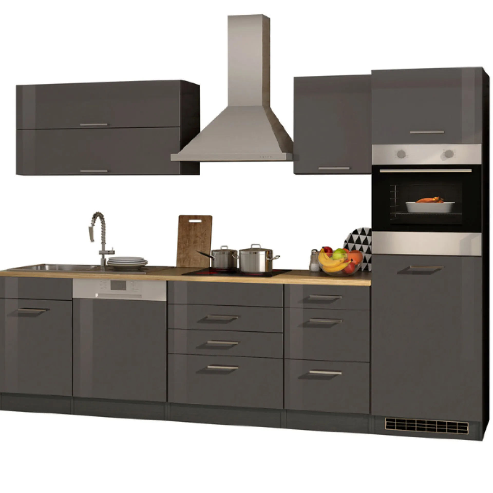 Held Küchenzeile Ragnar 300cm mit Geschirrspüler, Kühlschrank und Backofen - Hochglanz