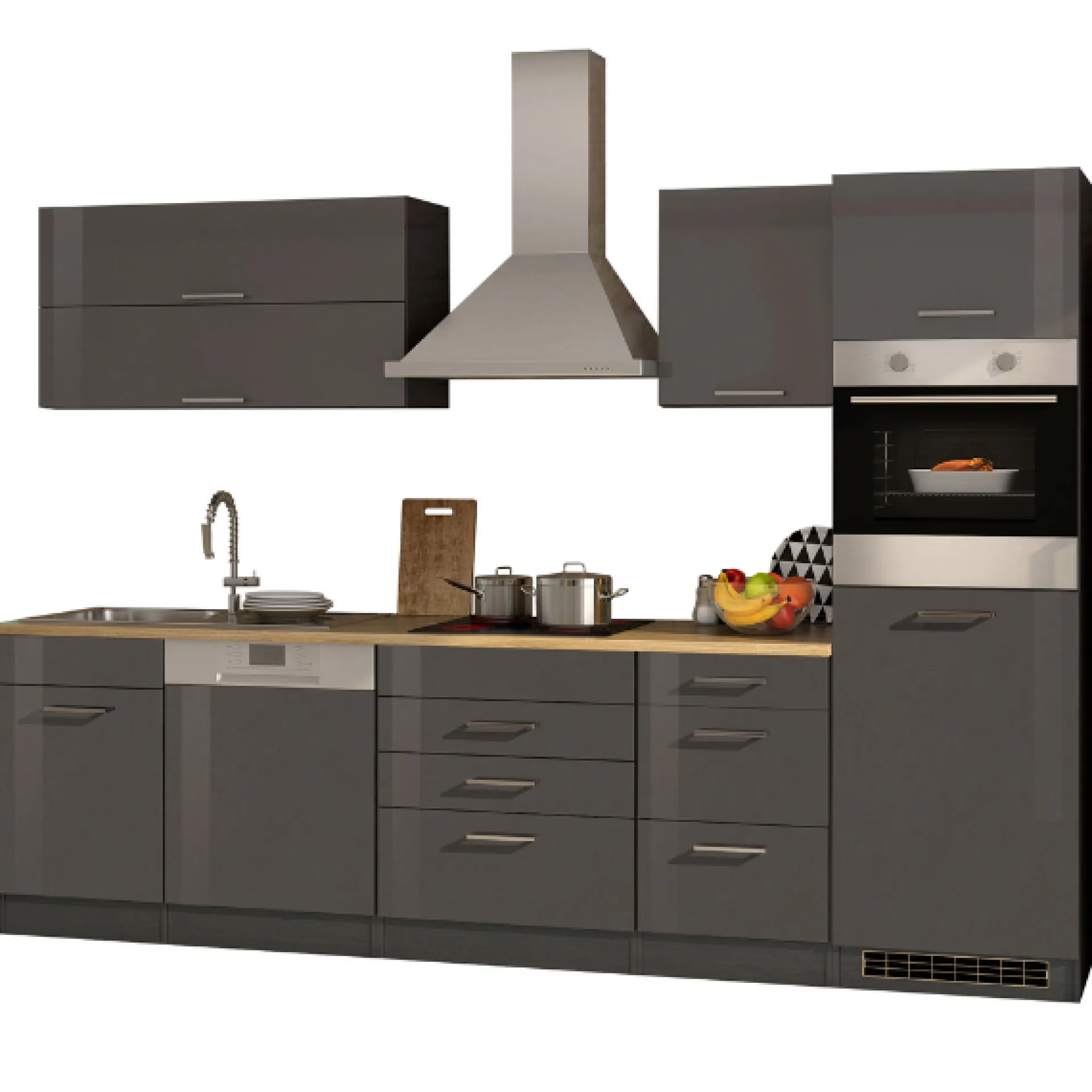 Held Küchenzeile Ragnar 300cm mit Geschirrspüler, Kühlschrank und Backofen - Hochglanz
