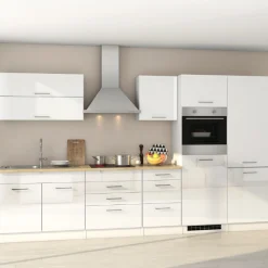 Held Küchenzeile Ragnar 350cm mit Kühl-Gefrierkombination und Backofen - Hochglanz weiß