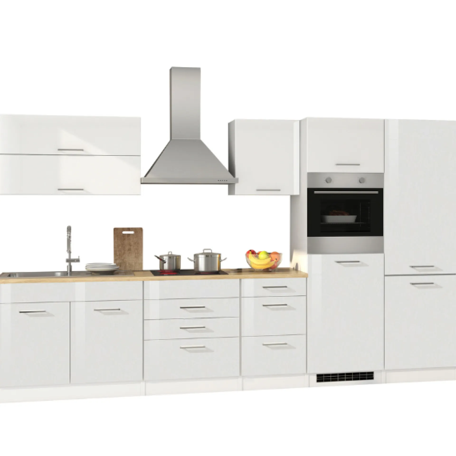 Held Küchenzeile Ragnar 350cm mit Kühl-Gefrierkombination und Backofen - Hochglanz weiß