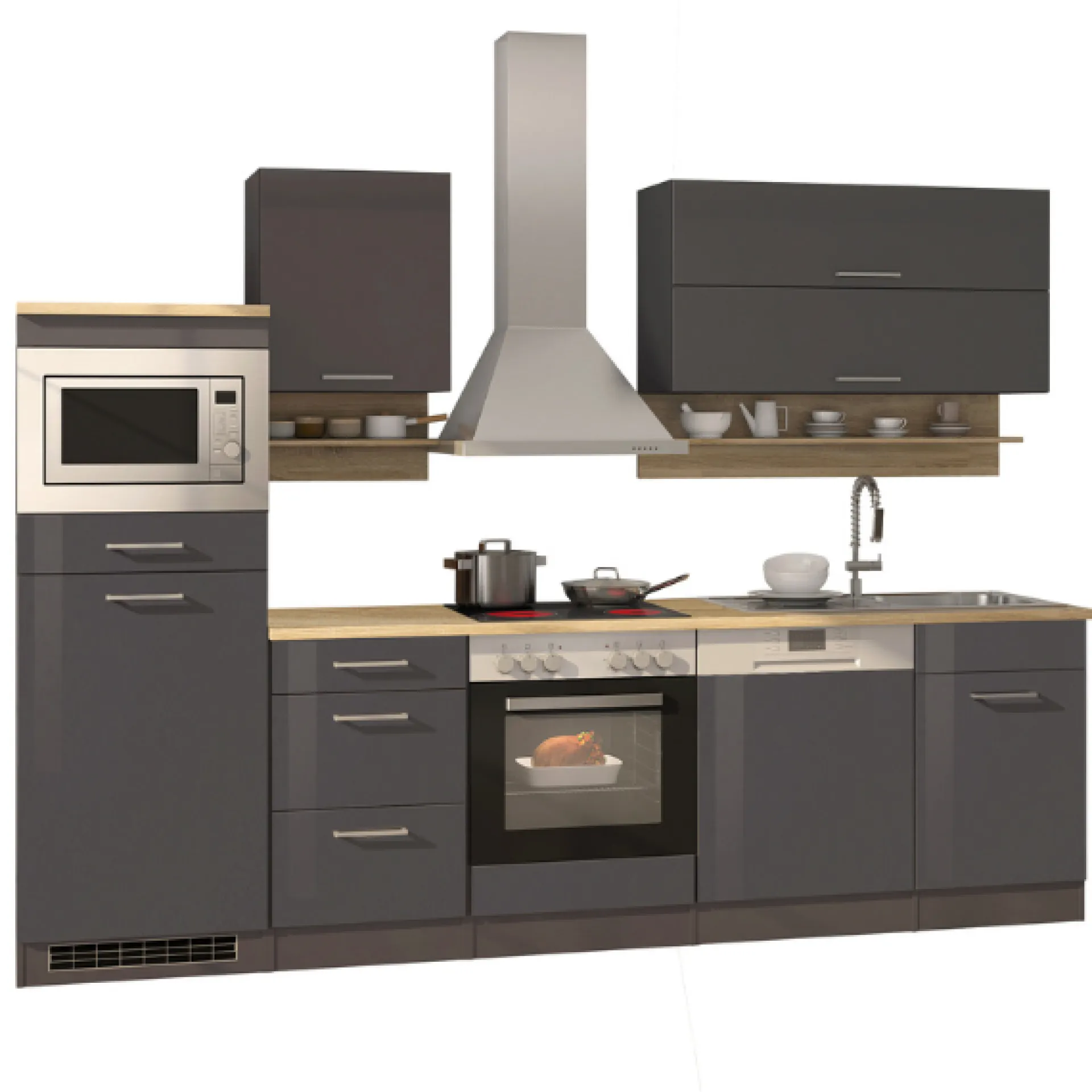 Held Küchenzeile Ragnar 280cm mit Mikrowelle, Kühlschrank, Backofen und Geschirrspüler - hochglanz