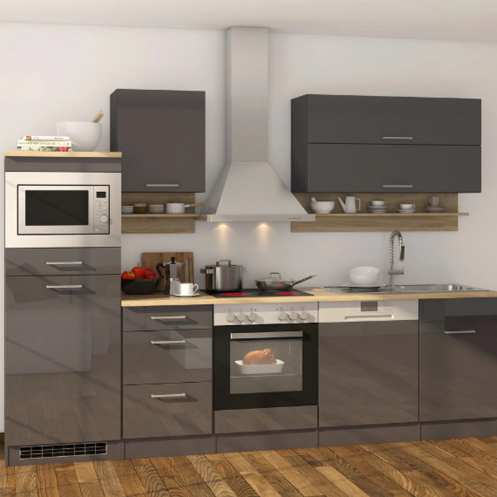 Held Küchenzeile Ragnar 280cm mit Mikrowelle, Kühlschrank, Backofen und Geschirrspüler - hochglanz