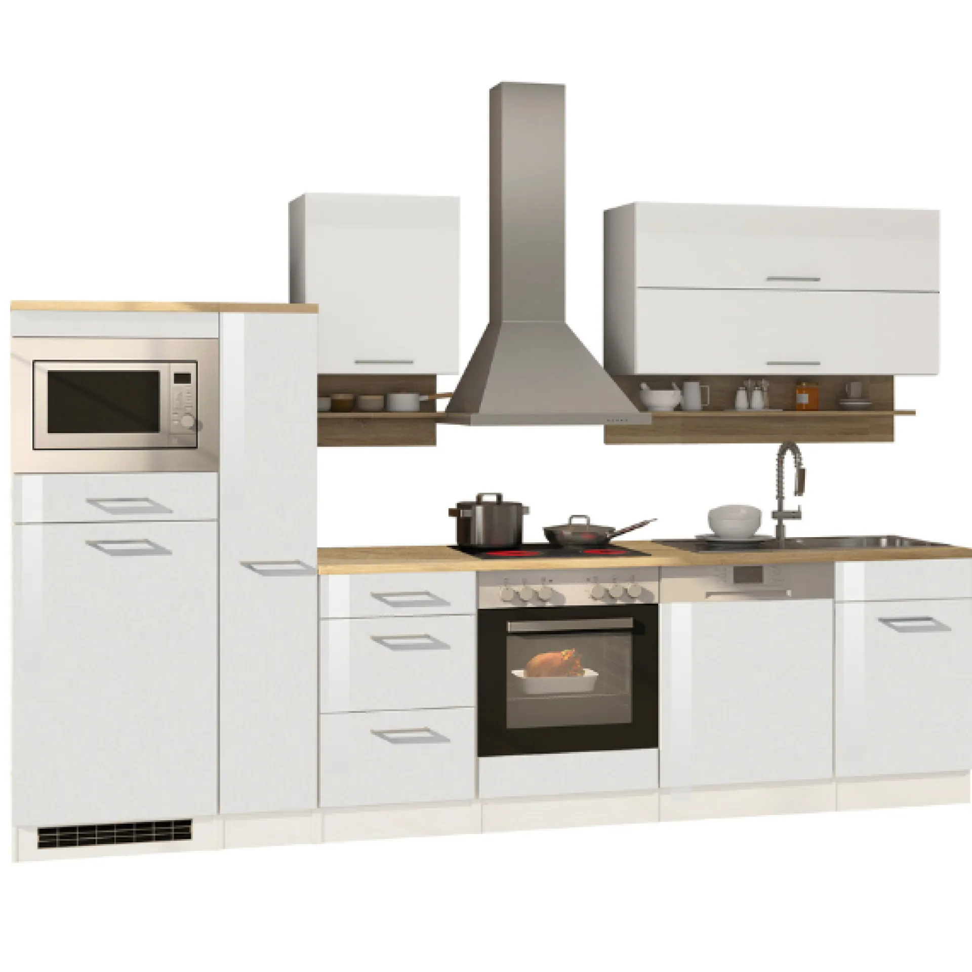 Held Küchenzeile Ragnar 310cm mit Mikrowelle, Kühlschrank, Backofen und Geschirrspüler - hochglänzend weiß