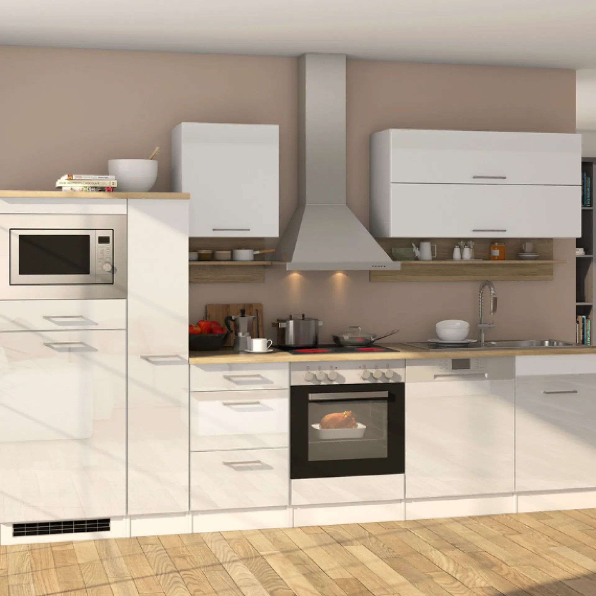 Held Küchenzeile Ragnar 310cm mit Mikrowelle, Kühlschrank, Backofen und Geschirrspüler - hochglänzend weiß