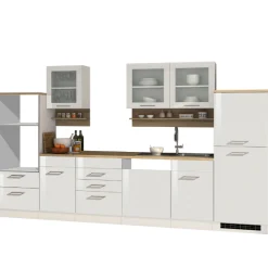 Held Küchenzeile Ragnar 340cm mit Platz für Backofen, Mikrowelle, Geschirrspüler und Kühlschrank - hochglänzend weiß