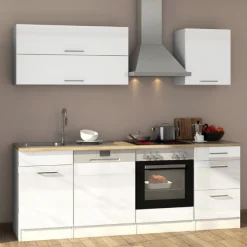 Held Küchenzeile Ragnar 220cm mit Platz für Backofen und Geschirrspüler - hochglänzend weiß