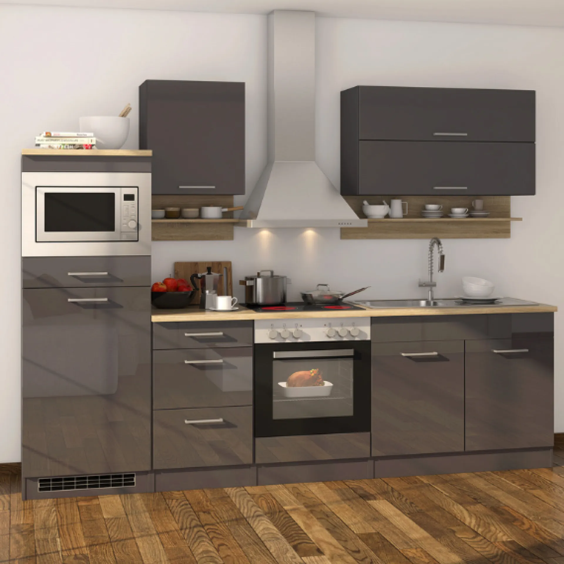 Held Küchenzeile Ragnar 270cm mit Platz für Mikrowelle, Kühlschrank und Backofen - Hochglanz