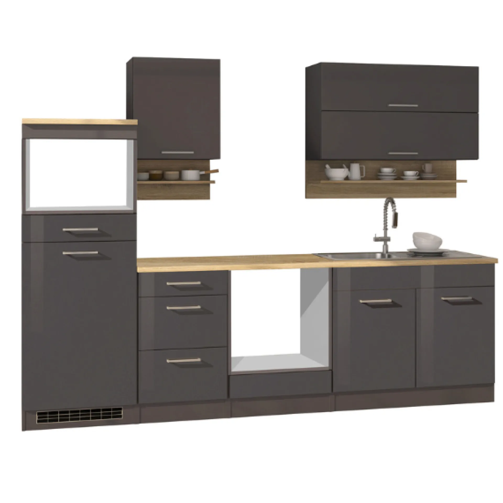 Held Küchenzeile Ragnar 270cm mit Platz für Mikrowelle, Kühlschrank und Backofen - Hochglanz