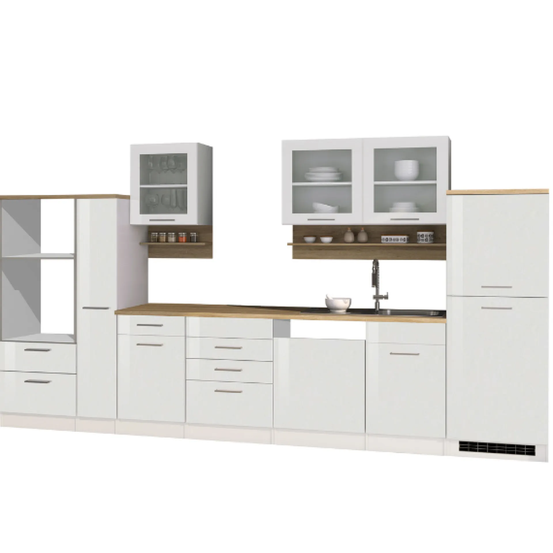 Held Küchenzeile Ragnar 370cm mit Platz für Backofen, Mikrowelle, Geschirrspüler und Kühlschrank - hochglänzend weiß