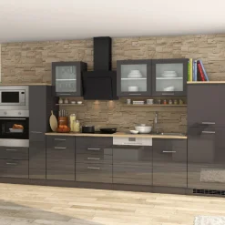 Held Küchenzeile Ragnar 370cm mit Platz für Backofen, Mikrowelle, Geschirrspüler und Kühlschrank - Hochglanz