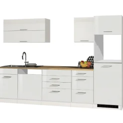 Held Küchenzeile Ragnar 300cm mit Platz für Geschirrspüler, Kühlschrank und Backofen - hochglänzend weiß