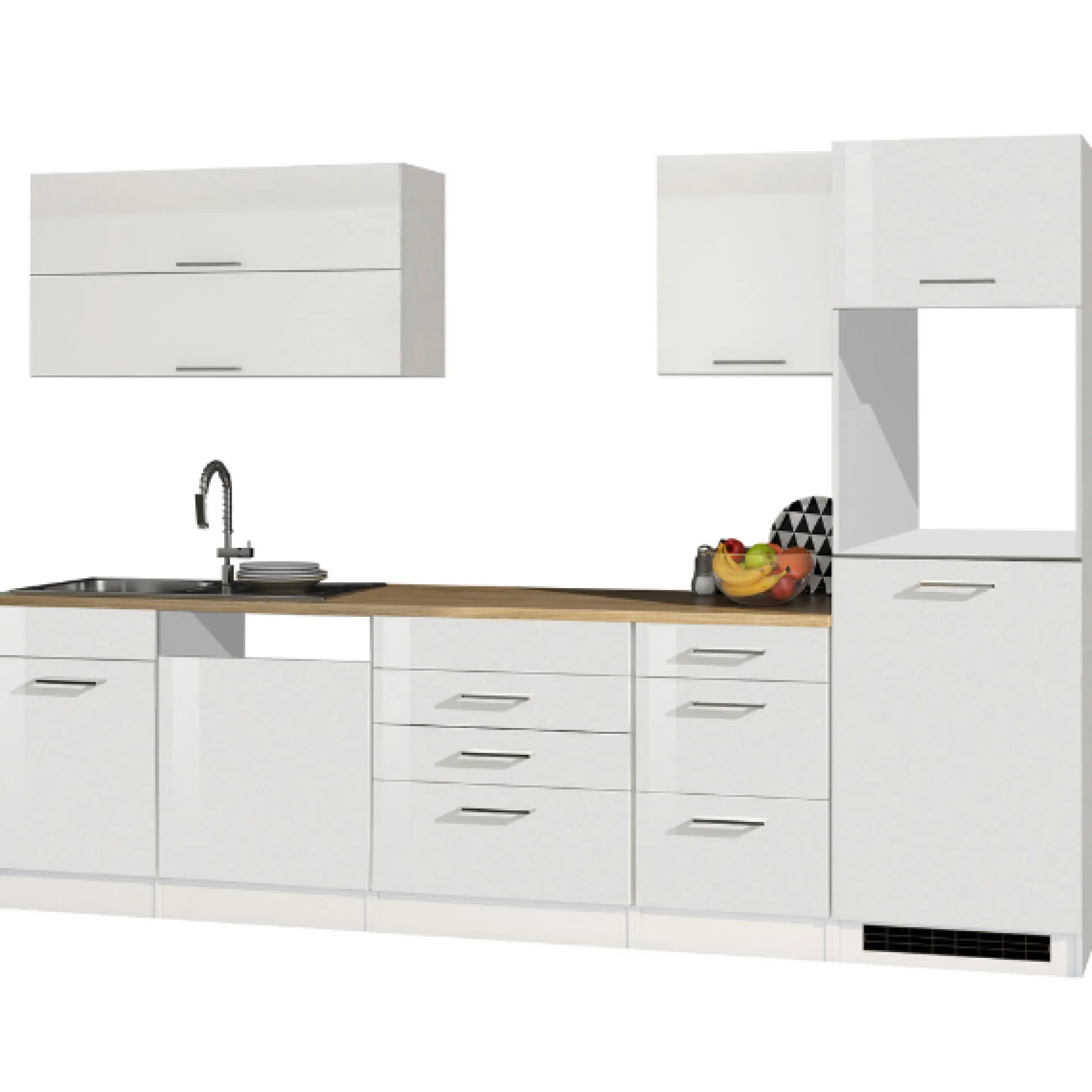 Held Küchenzeile Ragnar 300cm mit Platz für Geschirrspüler, Kühlschrank und Backofen - hochglänzend weiß