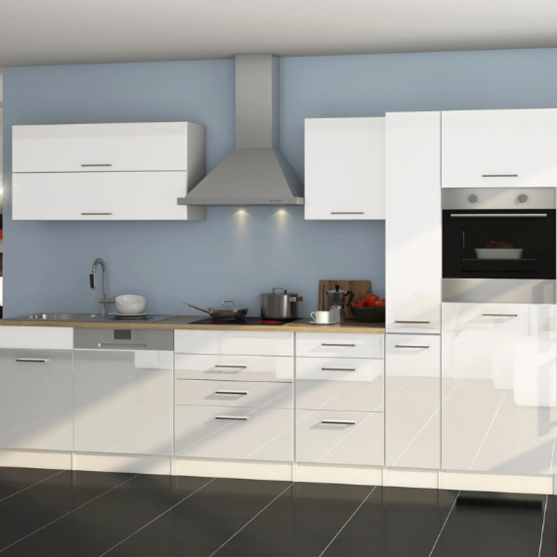 Held Küchenzeile Ragnar 330cm mit Platz für Kühlschrank, Backofen und Geschirrspüler - hochglänzend weiß