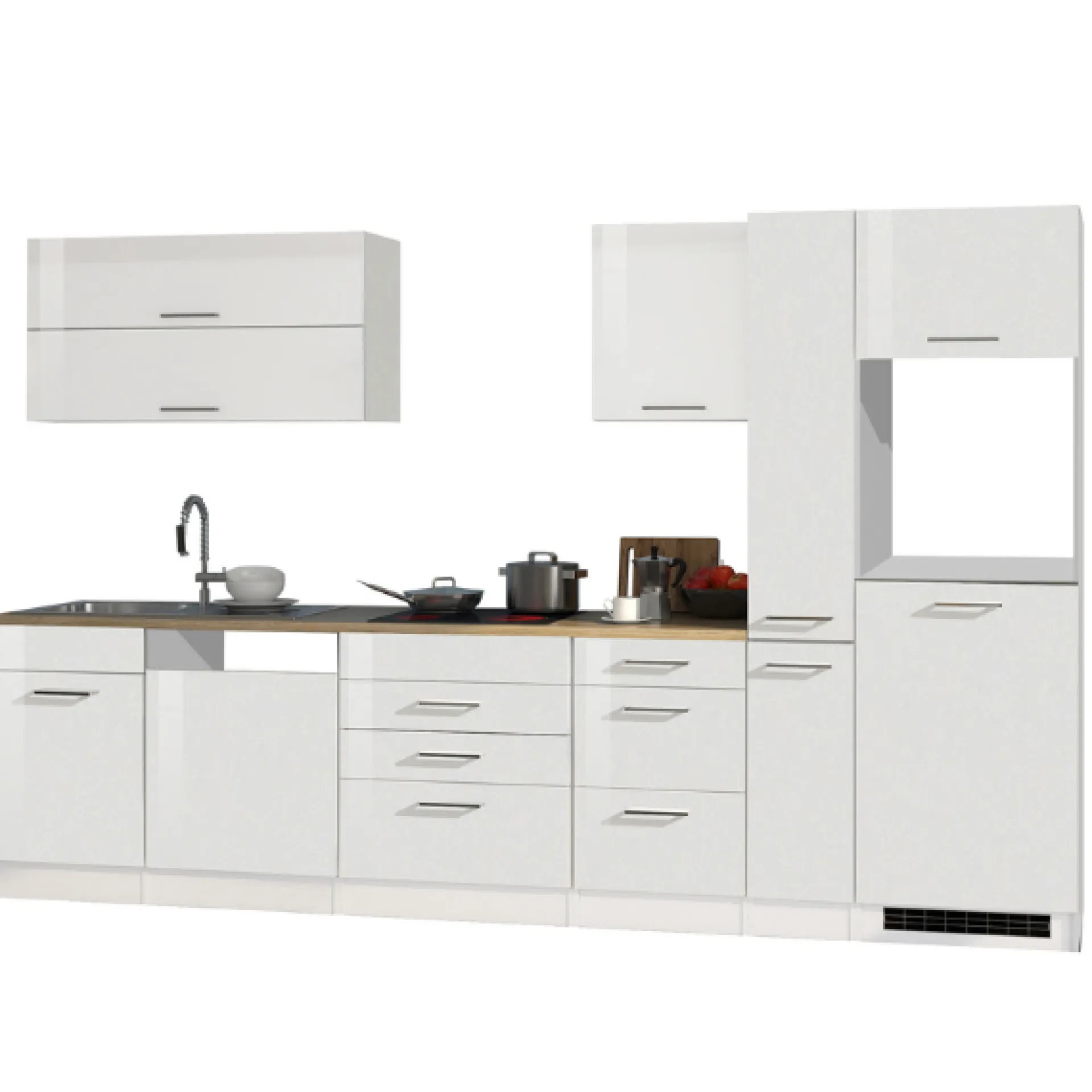 Held Küchenzeile Ragnar 330cm mit Platz für Kühlschrank, Backofen und Geschirrspüler - hochglänzend weiß