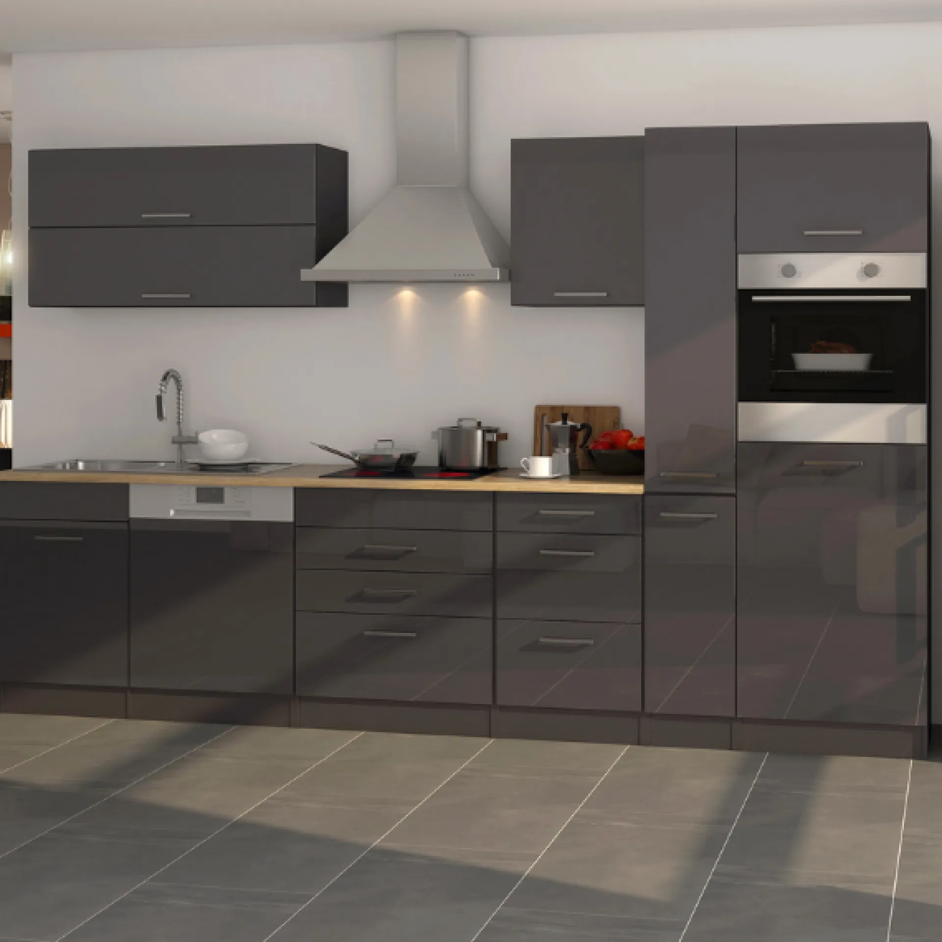 Held Küchenzeile Ragnar 330cm mit Platz für Kühlschrank, Backofen und Geschirrspüler - Hochglanz