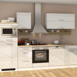 Held Küchenzeile Ragnar 280cm mit Platz für Mikrowelle, Kühlschrank, Backofen und Geschirrspüler - Hochglanz weiß
