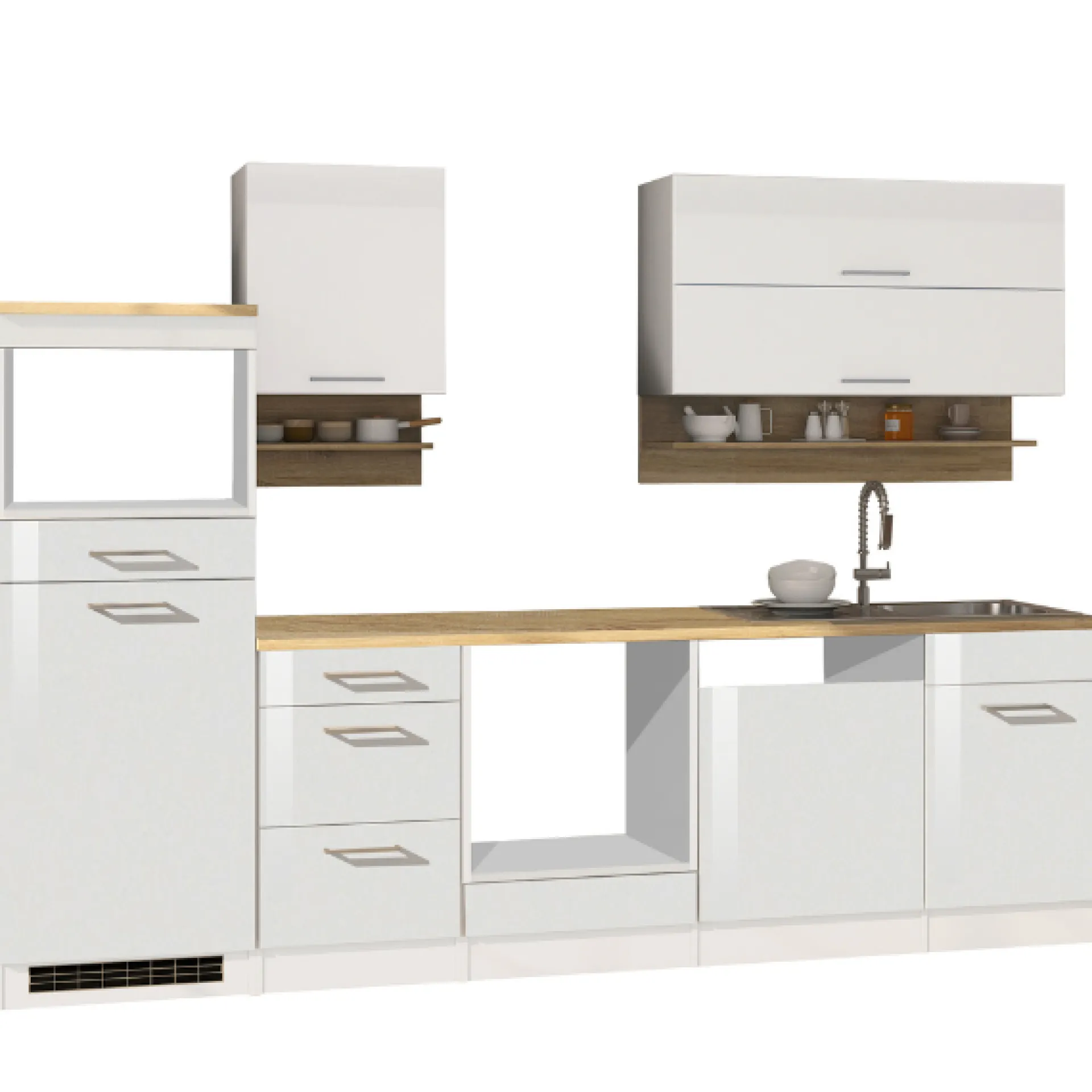 Held Küchenzeile Ragnar 280cm mit Platz für Mikrowelle, Kühlschrank, Backofen und Geschirrspüler - Hochglanz weiß