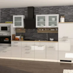 Held Küchenzeile Ragnar 330cm mit Platz für Backofen, Mikrowelle und Kühlschrank - hochglänzend weiß