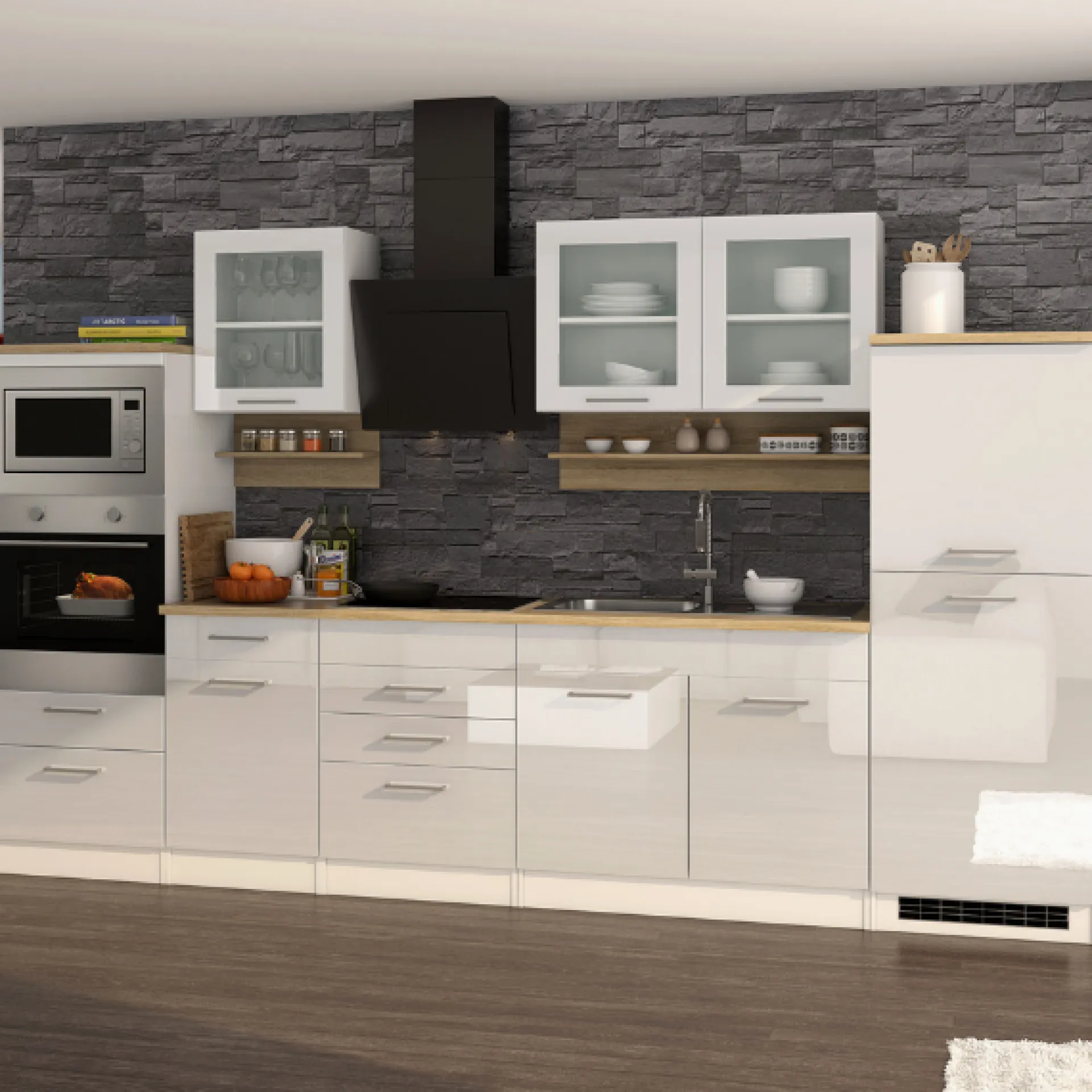 Held Küchenzeile Ragnar 330cm mit Platz für Backofen, Mikrowelle und Kühlschrank - hochglänzend weiß