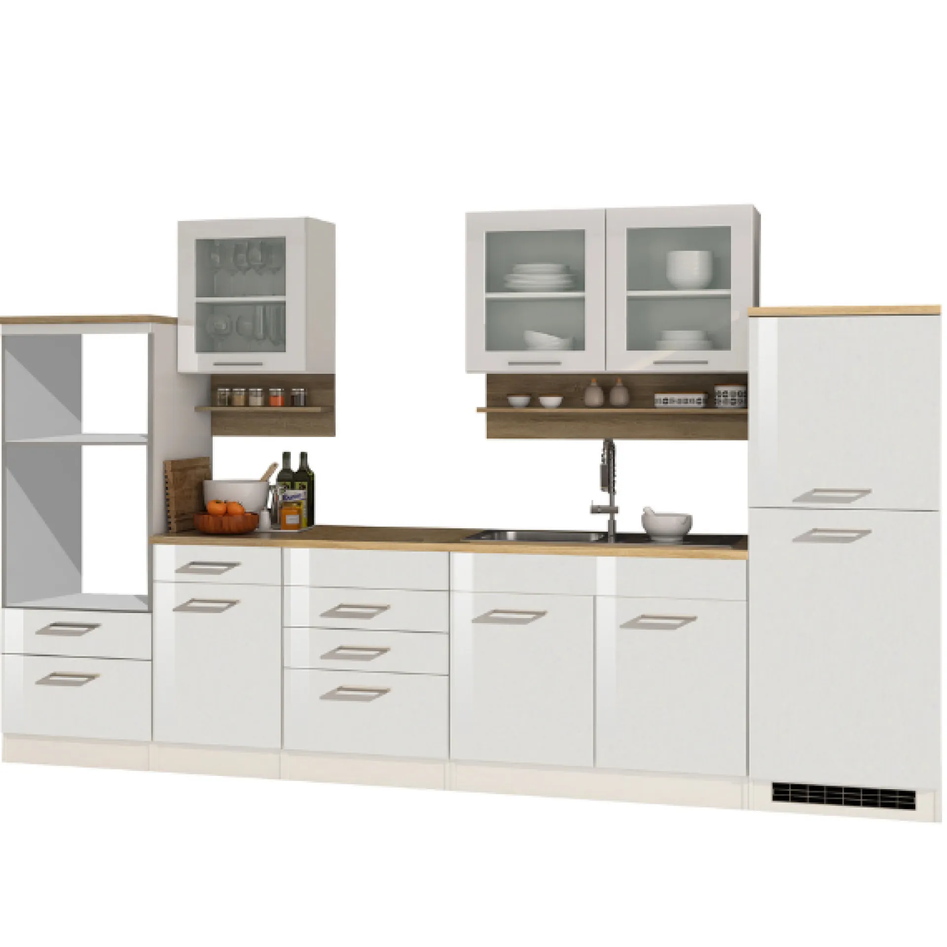 Held Küchenzeile Ragnar 330cm mit Platz für Backofen, Mikrowelle und Kühlschrank - hochglänzend weiß