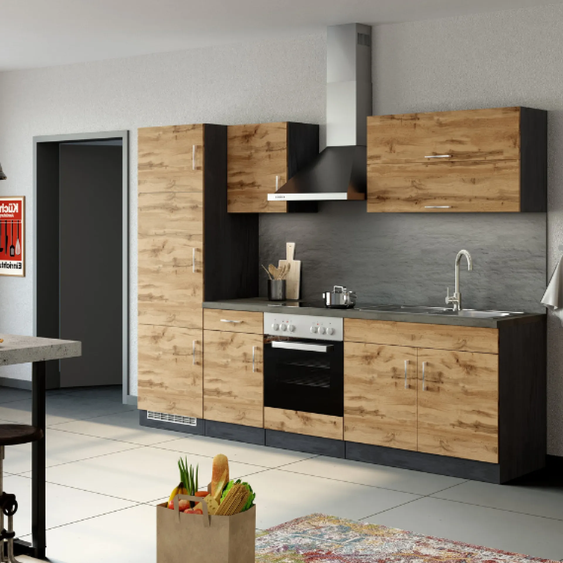 Held Küchenzeile Sorrella 270cm mit Backofen und Kühlschrank - Eiche/Graphit