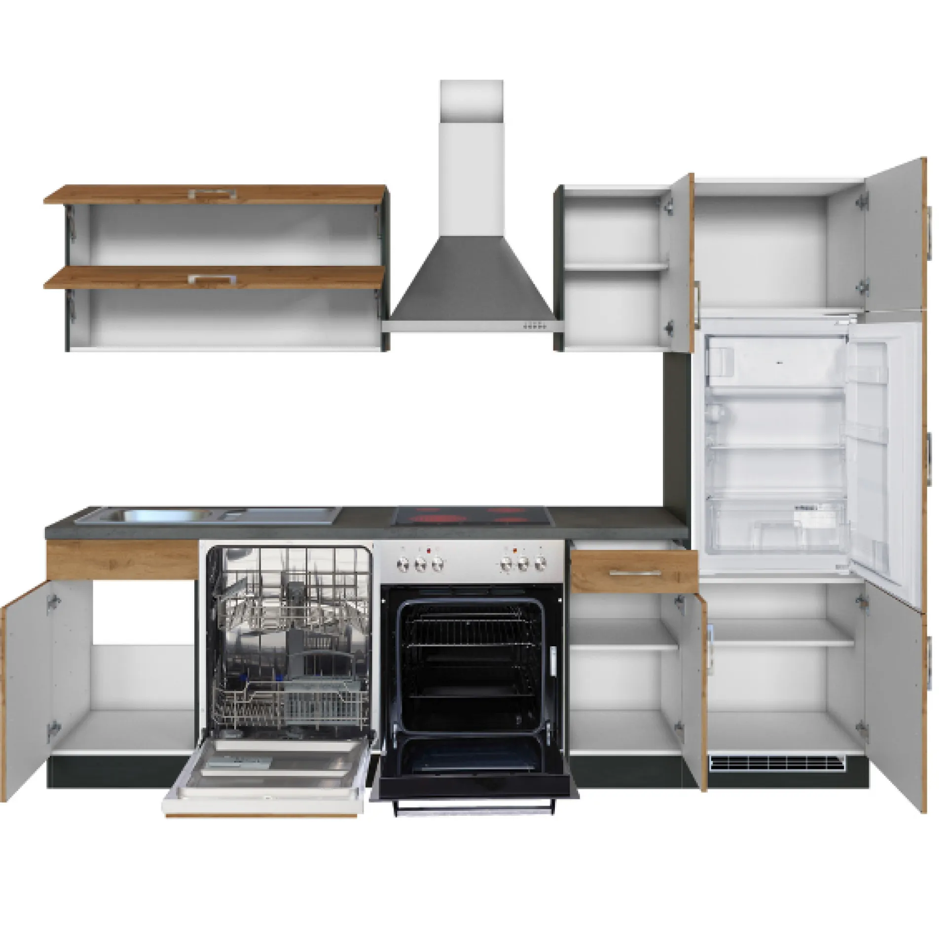 Held Küchenzeile Sorrella 270cm mit Backofen, Geschirrspüler und Kühlschrank - Eiche/Graphit