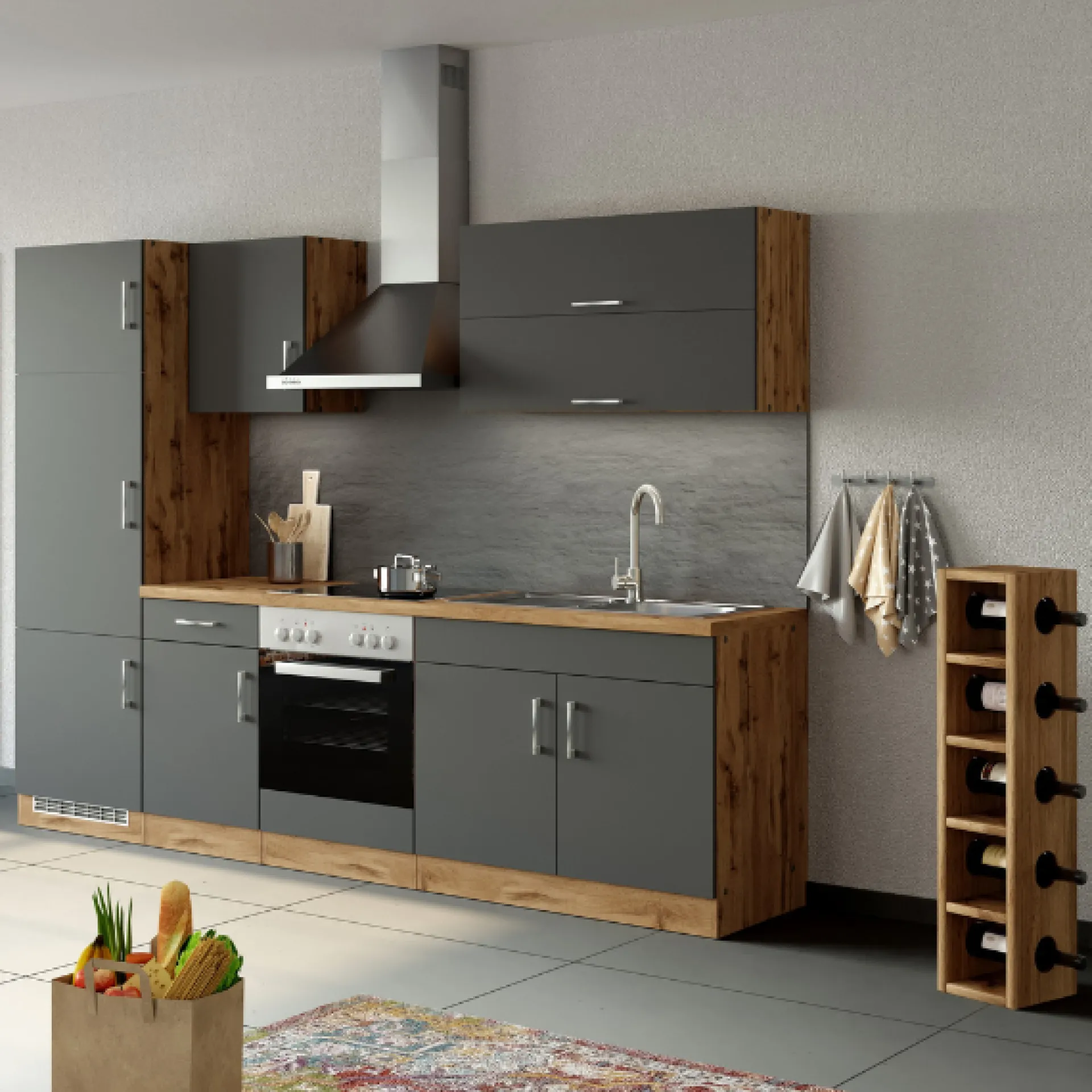 Held Küchenzeile Sorrella 270cm mit Backofen und Kühlschrank - anthrazit/ocker