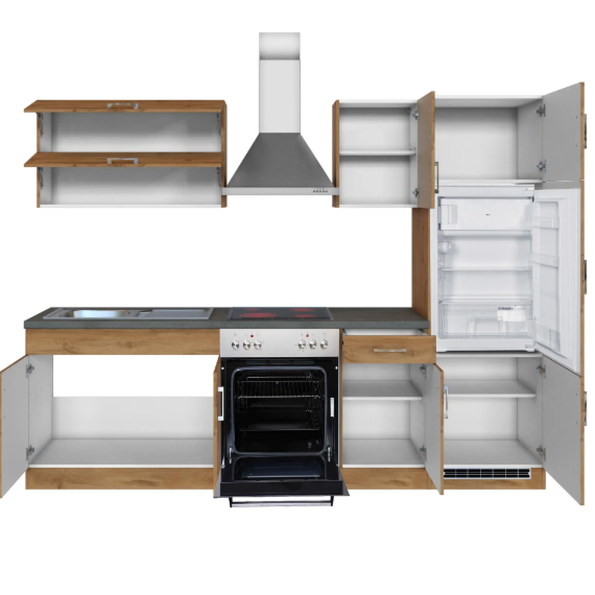 Held Küchenzeile Sorrella 270cm mit Backofen und Kühlschrank - Eiche