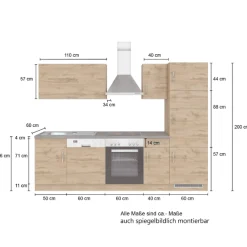Held Küchenzeile Sorrella 270cm mit Backofen, Geschirrspüler und Kühlschrank - weiß/Eiche
