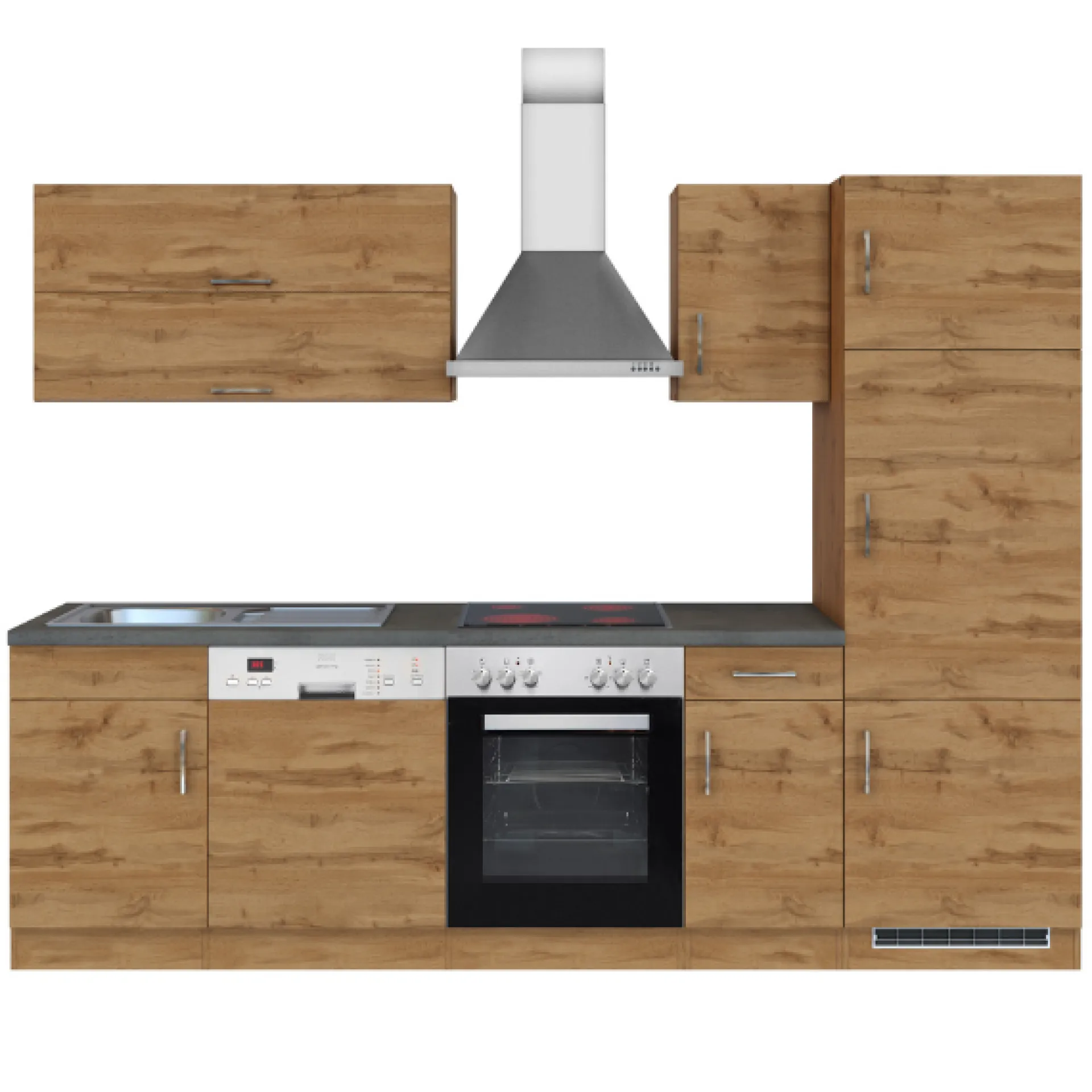 Held Küchenzeile Sorrella 270cm mit Backofen, Geschirrspüler und Kühlschrank - Eiche