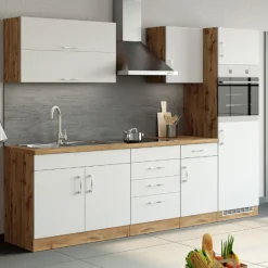 Held Küchenzeile Sorrella 270cm mit Backofen und Kühlschrank - weiß/Eiche