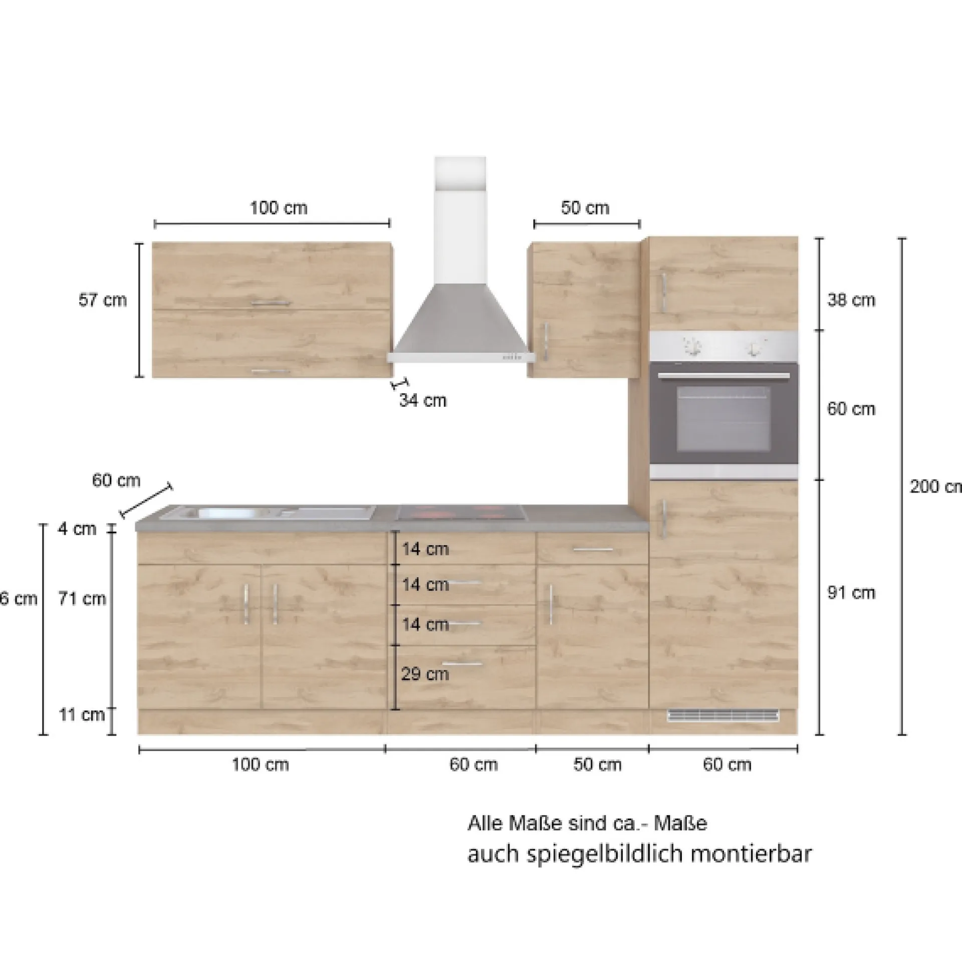 Held Küchenzeile Sorrella 270cm mit Backofen und Kühlschrank - weiß/Eiche