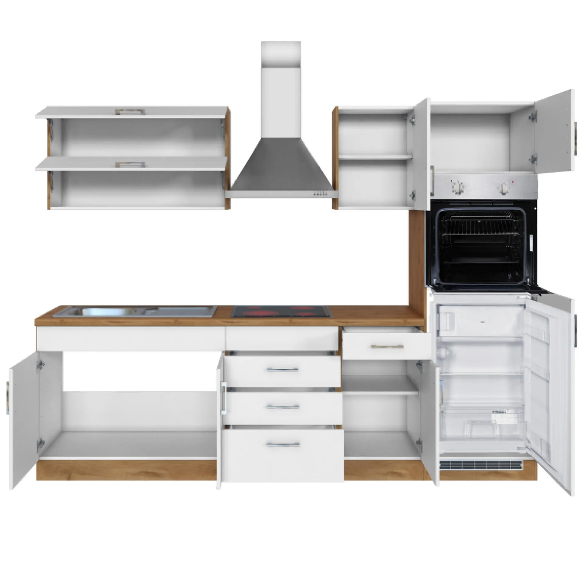 Held Küchenzeile Sorrella 270cm mit Backofen und Kühlschrank - weiß/Eiche