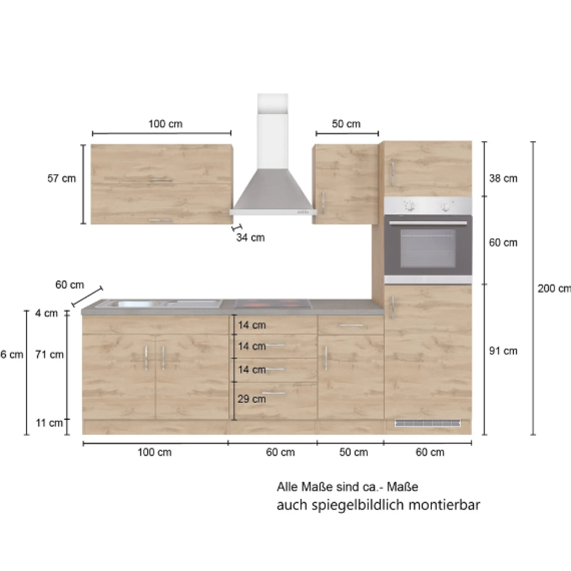 Held Küchenzeile Sorrella 270cm mit Backofen und Kühlschrank - Eiche/Graphit