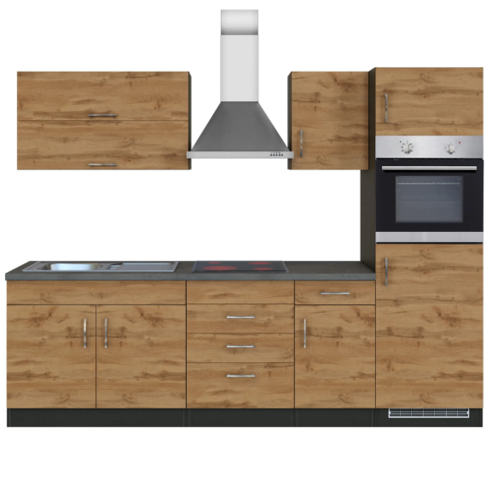 Held Küchenzeile Sorrella 270cm mit Backofen und Kühlschrank - Eiche/Graphit