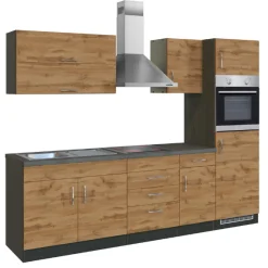 Held Küchenzeile Sorrella 270cm mit Backofen und Kühlschrank - Eiche/Graphit