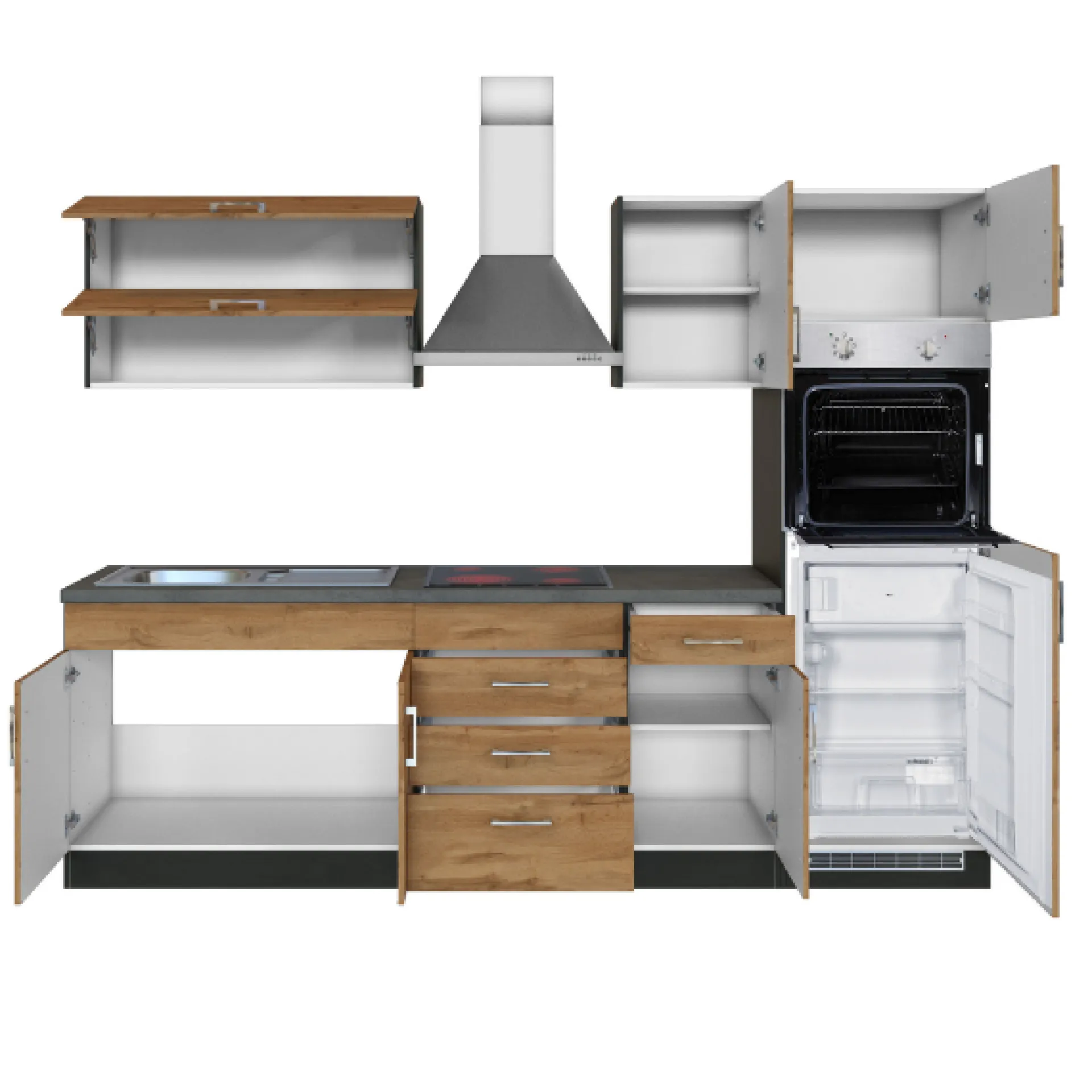 Held Küchenzeile Sorrella 270cm mit Backofen und Kühlschrank - Eiche/Graphit
