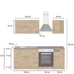 Held Küchenzeile Sorrella 210cm mit eingebautem Backofen - weiß/Eiche