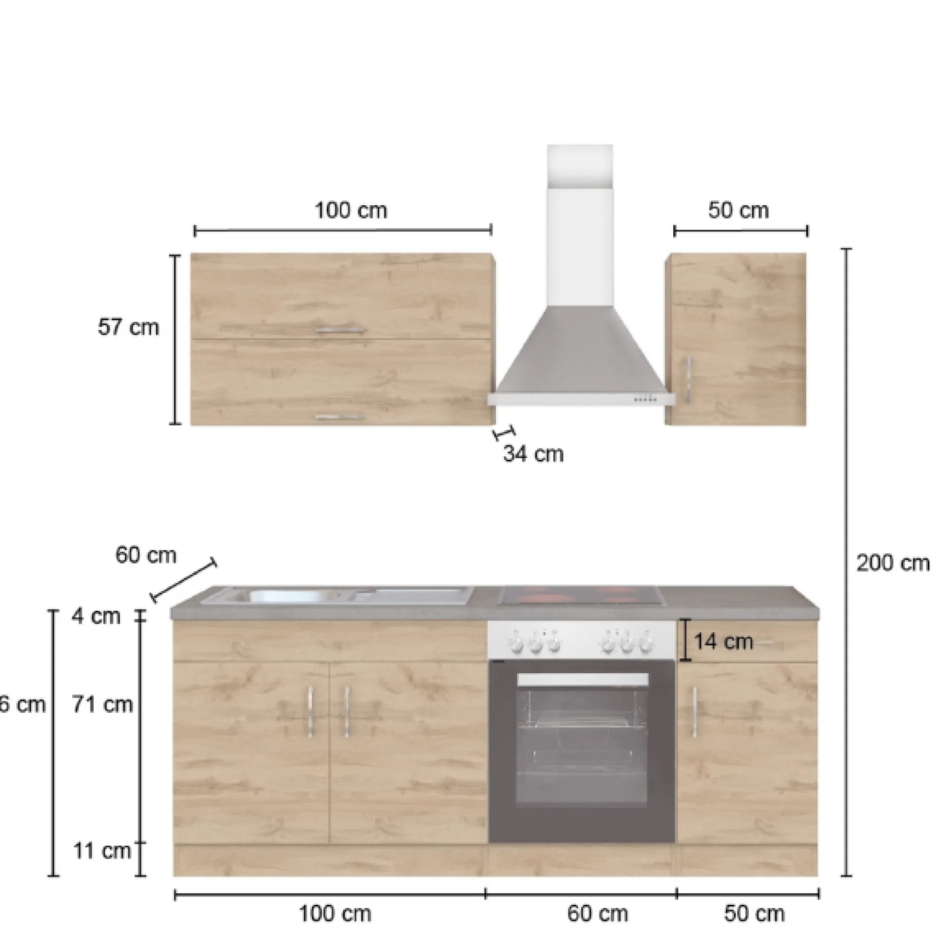 Held Küchenzeile Sorrella 210cm mit eingebautem Backofen - weiß/Eiche