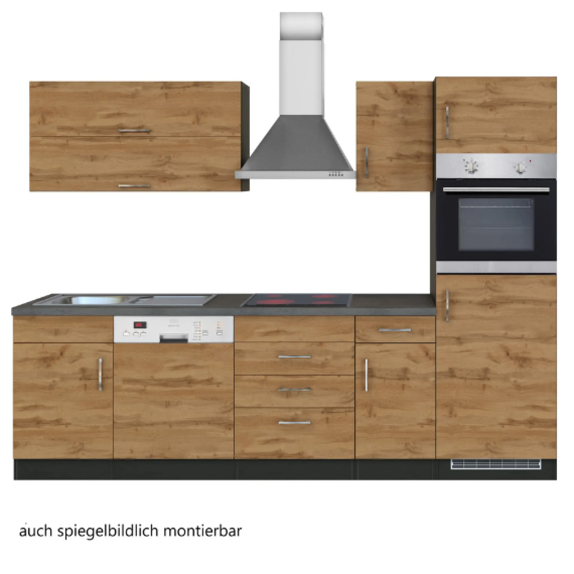 Held Küchenzeile Sorrella 270cm mit Geschirrspüler, Backofen und Kühlschrank - Eiche/Graphit