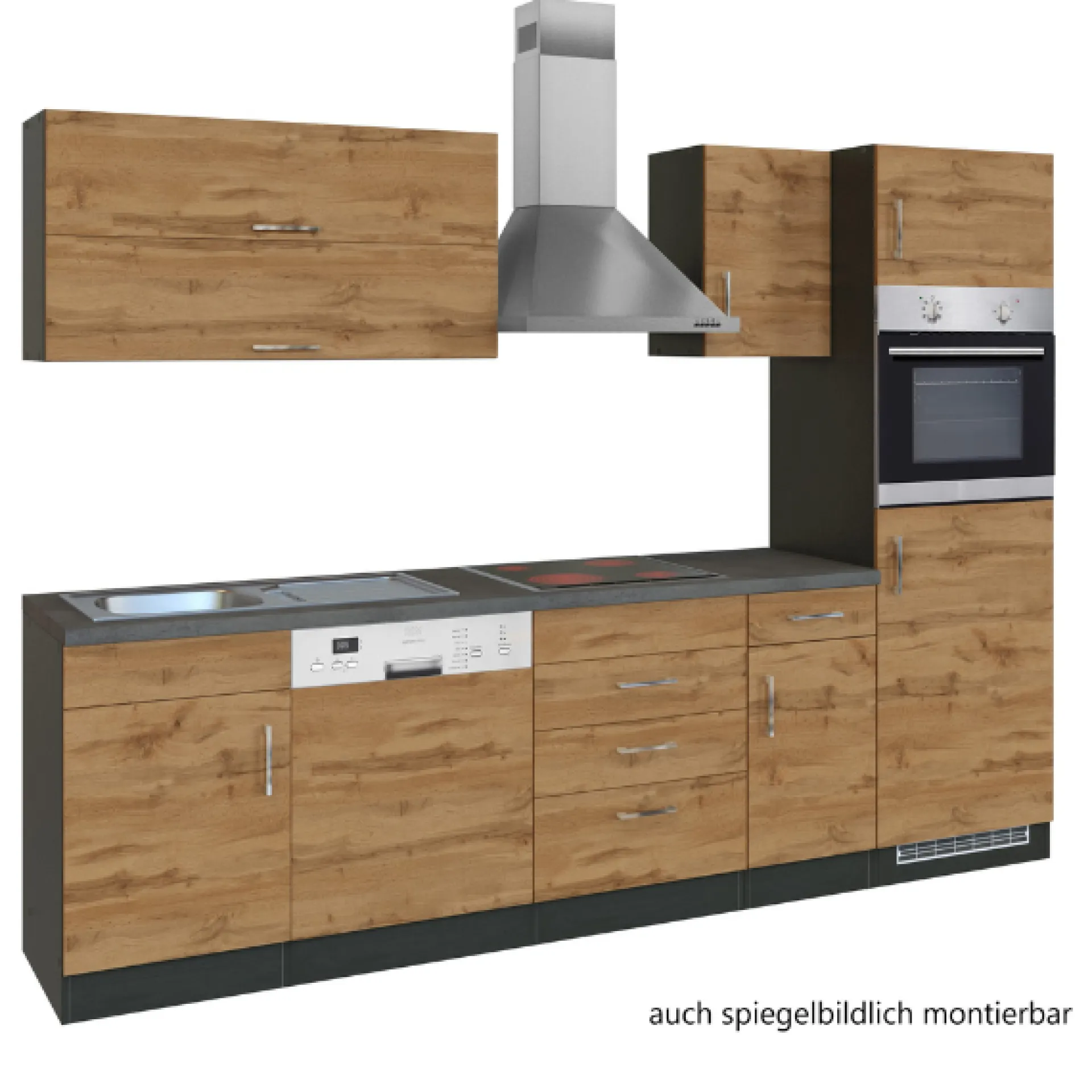 Held Küchenzeile Sorrella 270cm mit Geschirrspüler, Backofen und Kühlschrank - Eiche/Graphit