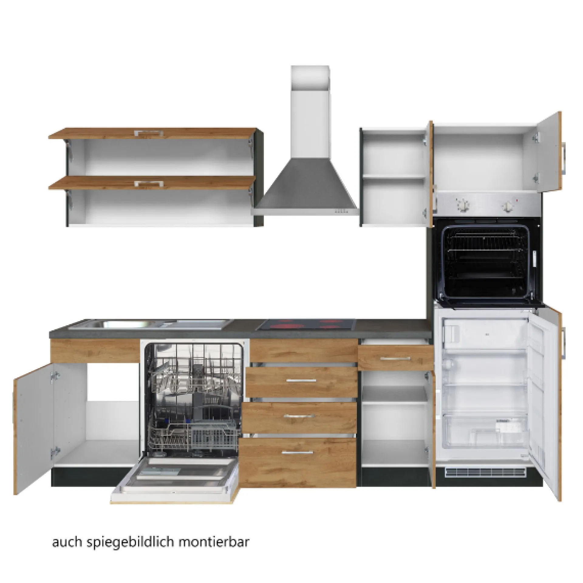 Held Küchenzeile Sorrella 270cm mit Geschirrspüler, Backofen und Kühlschrank - Eiche/Graphit