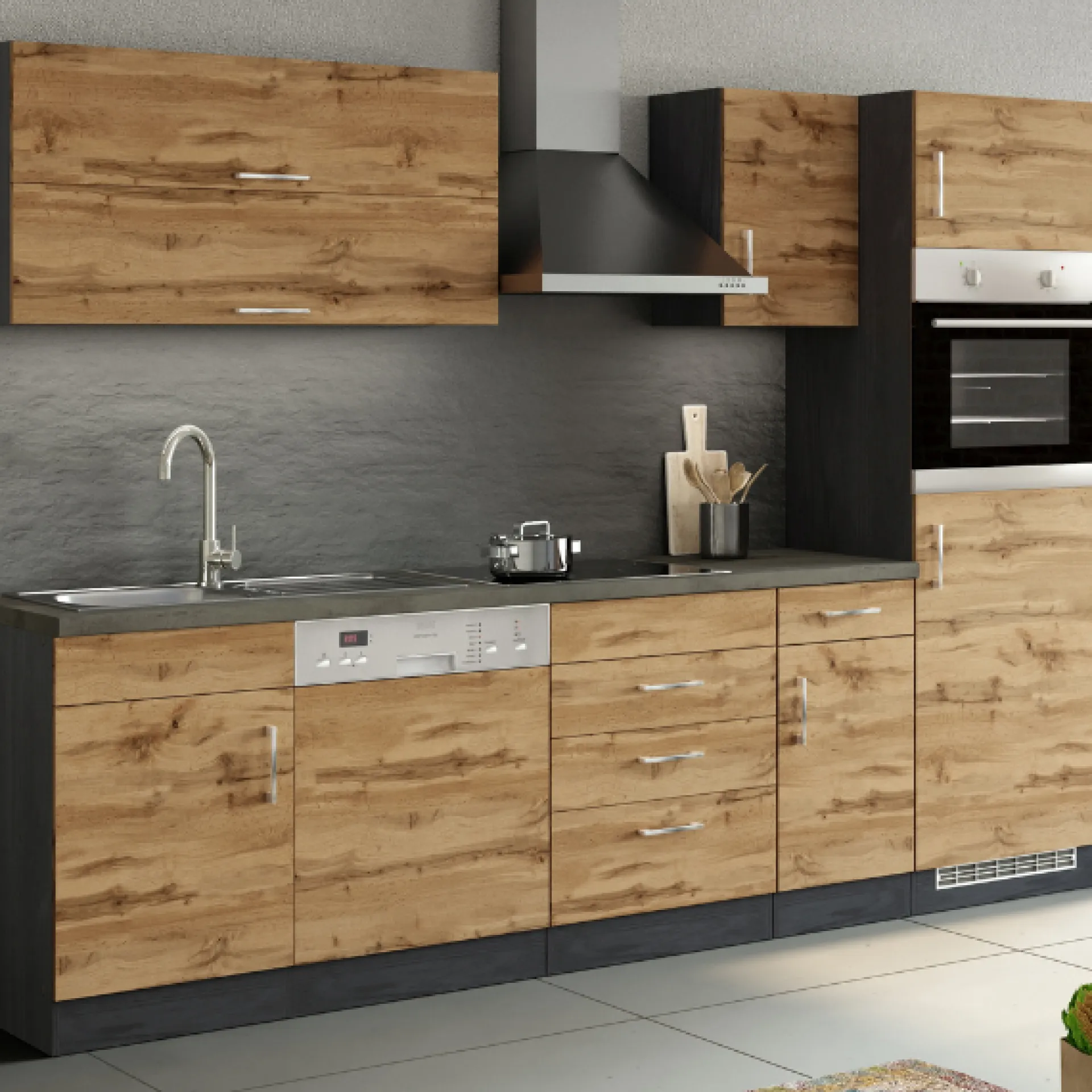 Held Küchenzeile Sorrella 270cm mit Geschirrspüler, Backofen und Kühlschrank - Eiche/Graphit