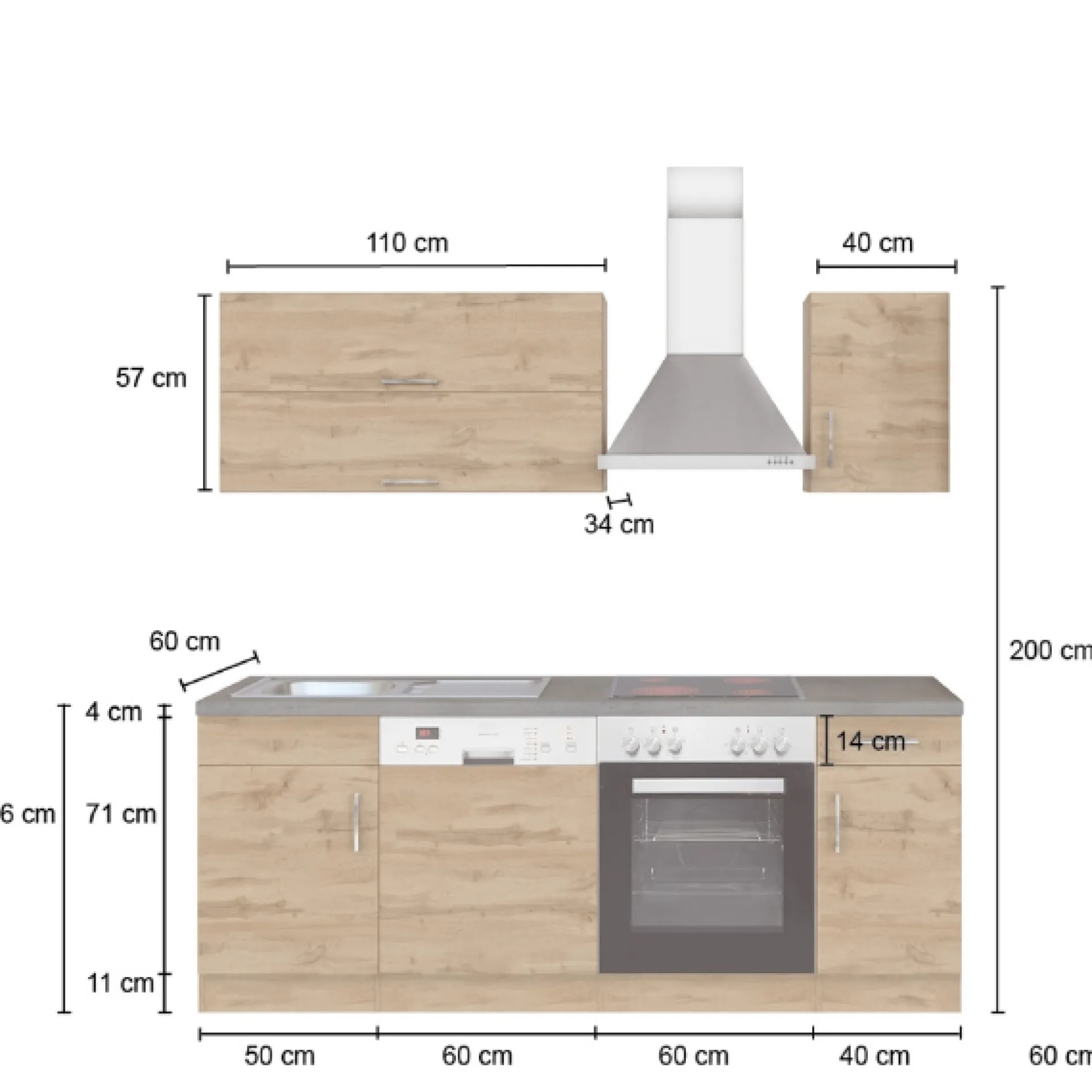 Held Küchenzeile Sorrella 210cm mit Geschirrspüler und Backofen - Eiche