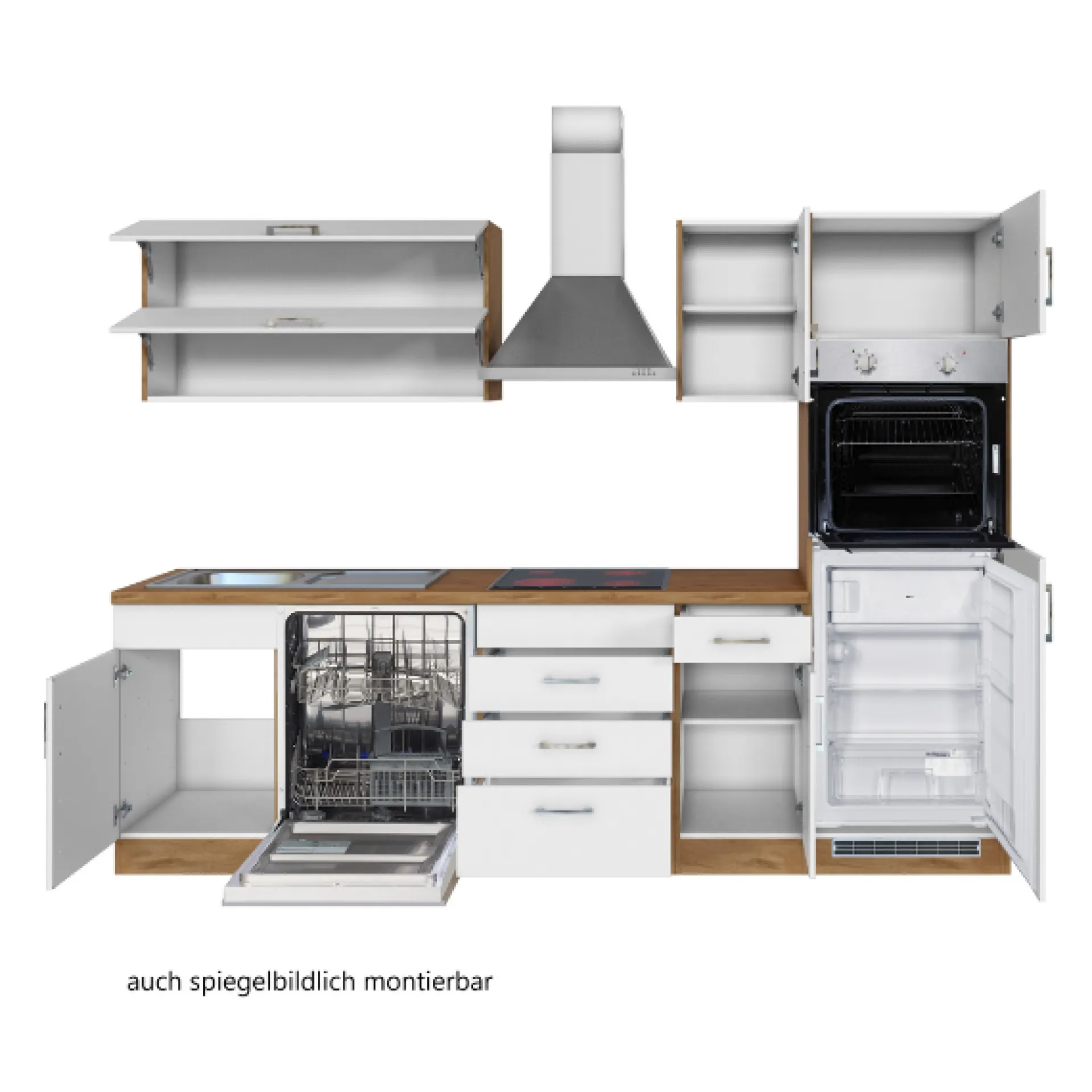 Held Küchenzeile Sorrella 270cm mit Geschirrspüler, Backofen und Kühlschrank - weiß/Eiche